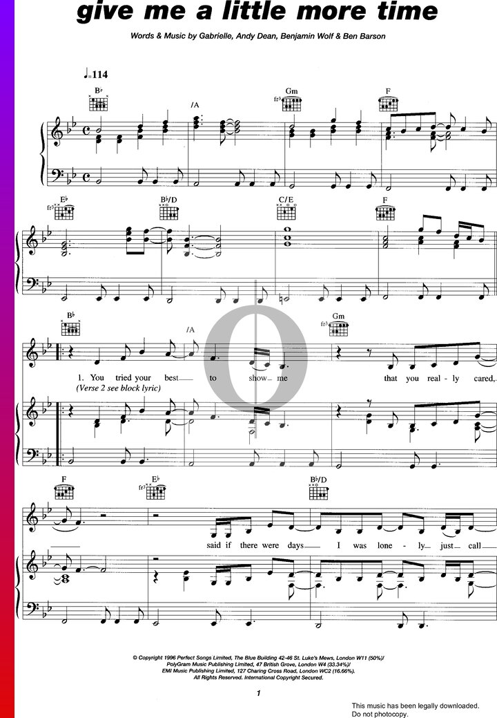 Give Me A Little More Time (Gabrielle) Piano Sheet Music - OKTAV