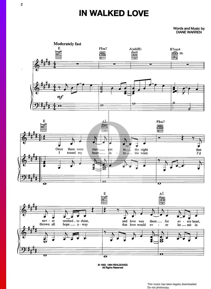 In Walked Love (Expose) Piano Sheet Music - OKTAV