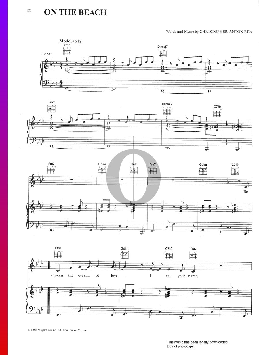 On The Beach (Chris Rea) Piano Sheet Music - OKTAV