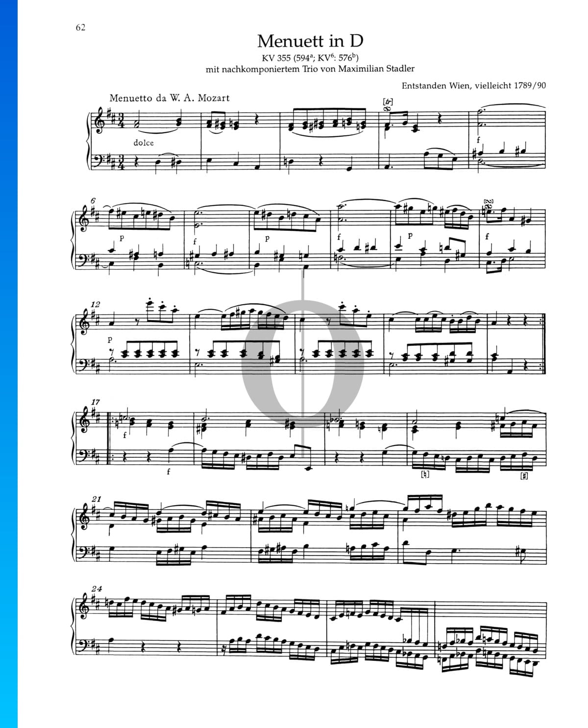 Minueto en re mayor, KV 355 (594a; KV 6:576b) Wolfgang Amadeus Mozart (Piano Solo) Descarga PDF OKTAV