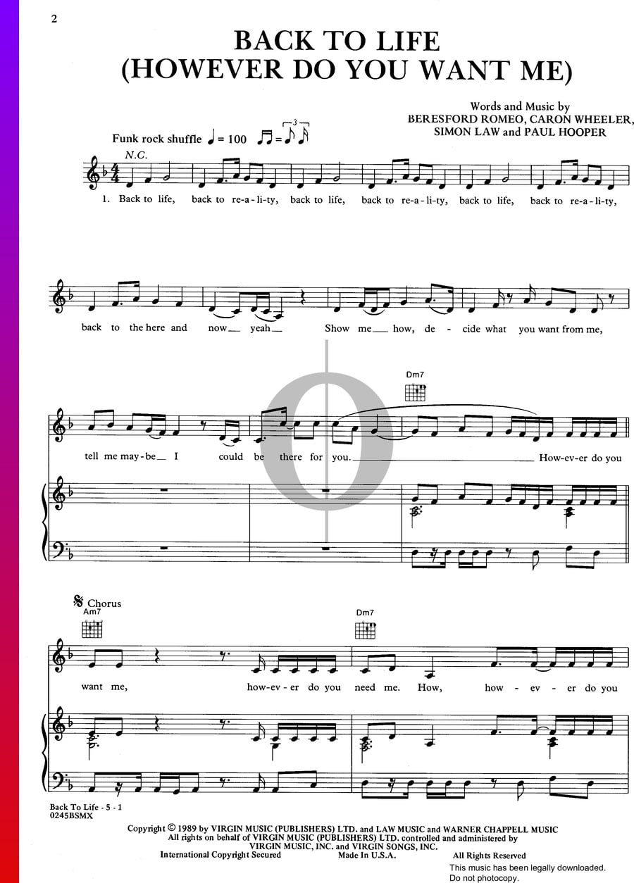 Back To Life (However Do You Want Me) (Soul II Soul) Piano Sheet Music ...