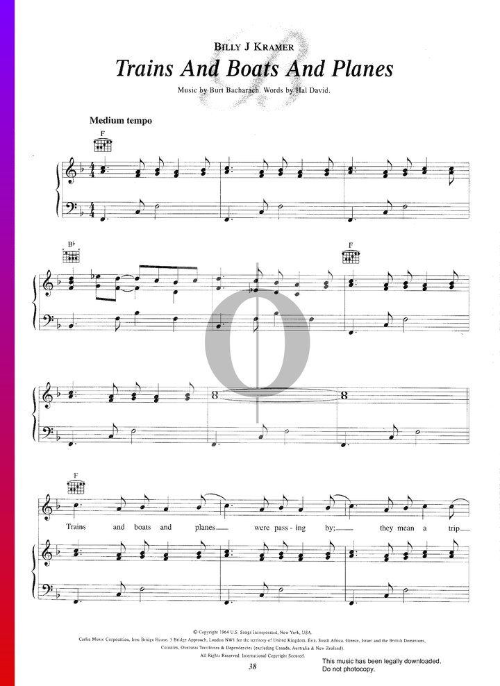 Trains And Boats And Planes (Billy J. Kramer) Piano Sheet Music OKTAV