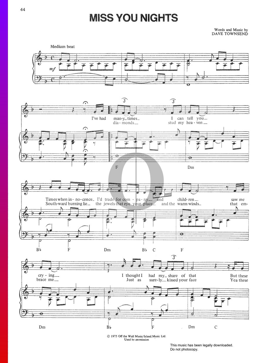 Miss You Nights (Cliff Richard) Piano Sheet Music - OKTAV