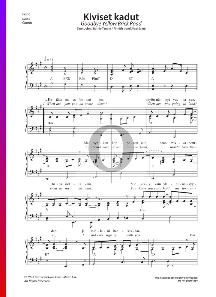 Goodbye Yellow Brick Road (Elton John) Piano Sheet Music - OKTAV