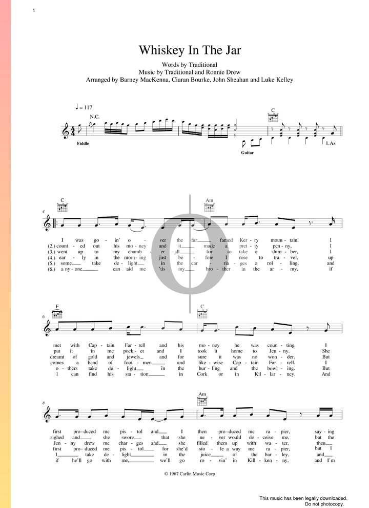 Whiskey In The Jar (The Dubliners) Piano Sheet Music OKTAV