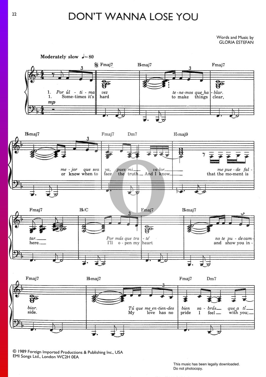 Don't Wanna Lose You (Gloria Estefan) Piano Sheet Music - OKTAV