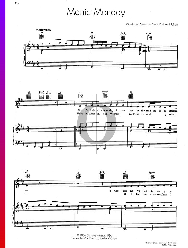 Manic Monday (The Bangles) Piano Sheet Music - OKTAV