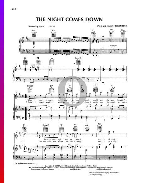 The Night Comes Down Sheet Music