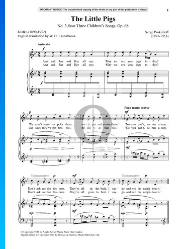 Three Children’s Songs, Op. 68: No. 3 The Little Pigs Partitura