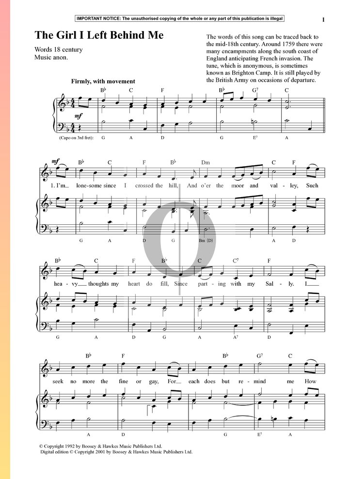 The Girl I Left Behind Me (Anonymous) Piano Sheet Music - OKTAV