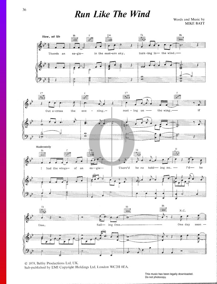 Run Like The Wind (Mike Batt) Piano Sheet Music OKTAV