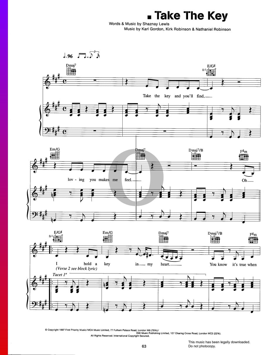 Take The Key (All Saints) Piano Sheet Music - OKTAV