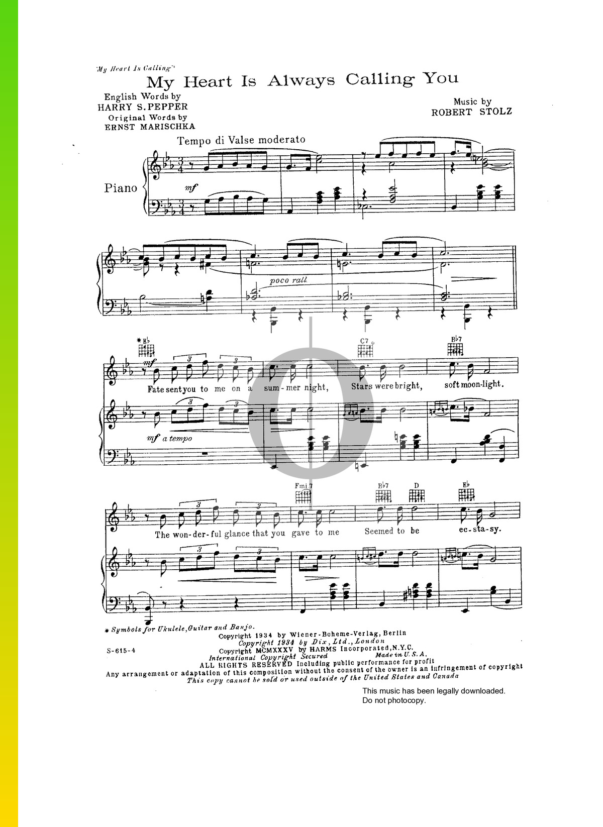 My Heart Is Always Calling You Sheet Music Piano Voice Guitar Pdf Download Streaming Oktav