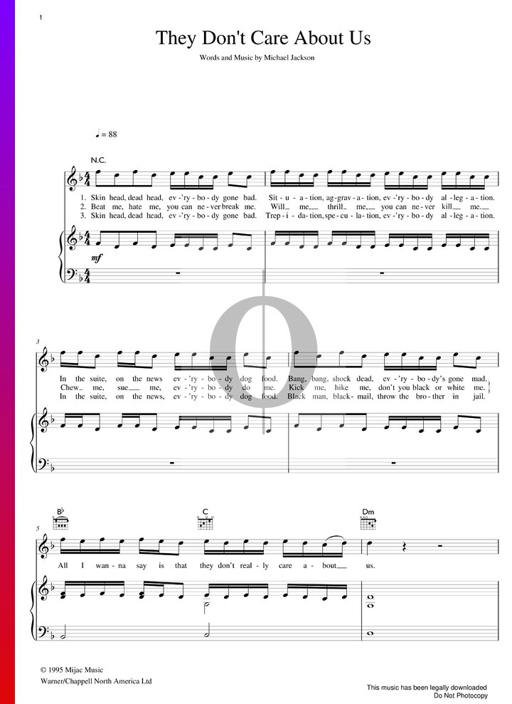 They Don't Care About Us (Michael Jackson) Piano Sheet Music - OKTAV