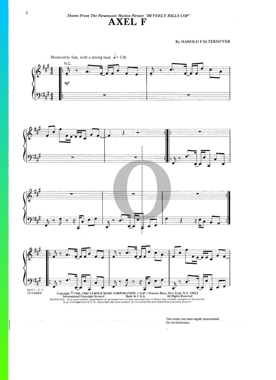 Axel F Piano Sheet Music from Beverly Hills Cop by Harold Faltermeyer