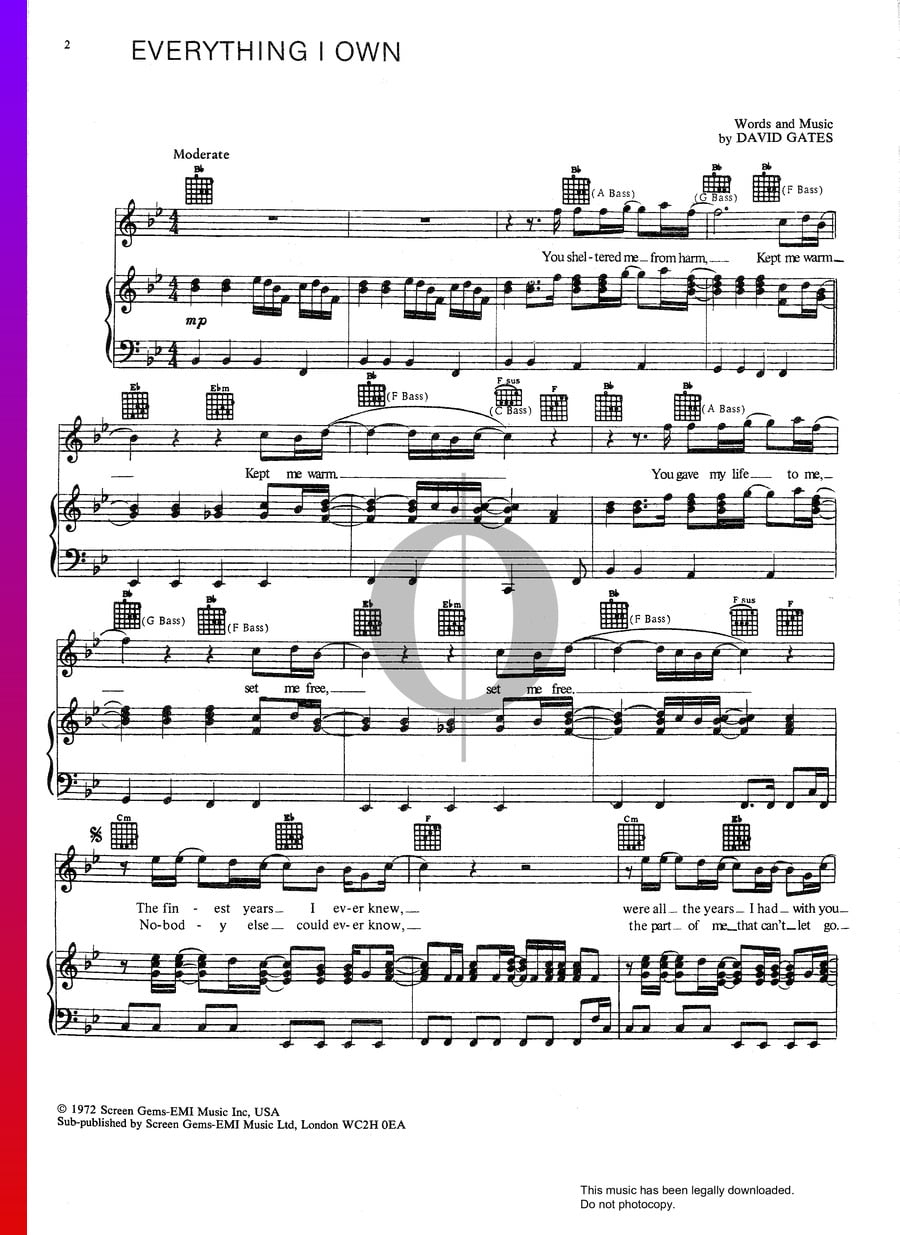 Everything I Own (Bread) Piano Sheet Music OKTAV