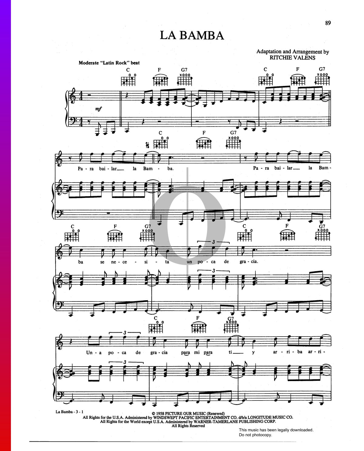 La Bamba Partitura » Ritchie Valens (Piano, Guitarra, Voz) | Descarga PDF -  OKTAV