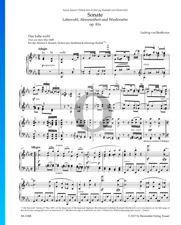 Partition Sonate en Mi bémol Majeur (« Les Adieux »), Op. 81a: 1. Adagio