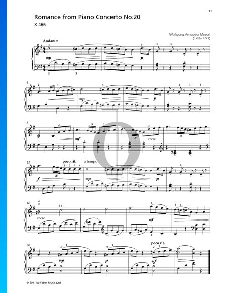 Klavierkonzert Nr. 20 d-Moll, K. 466: 2. Romanze Musik-Noten