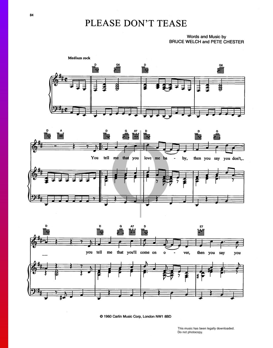 Please Dont Tease Cliff Richard The Shadows Piano Sheet Music Oktav