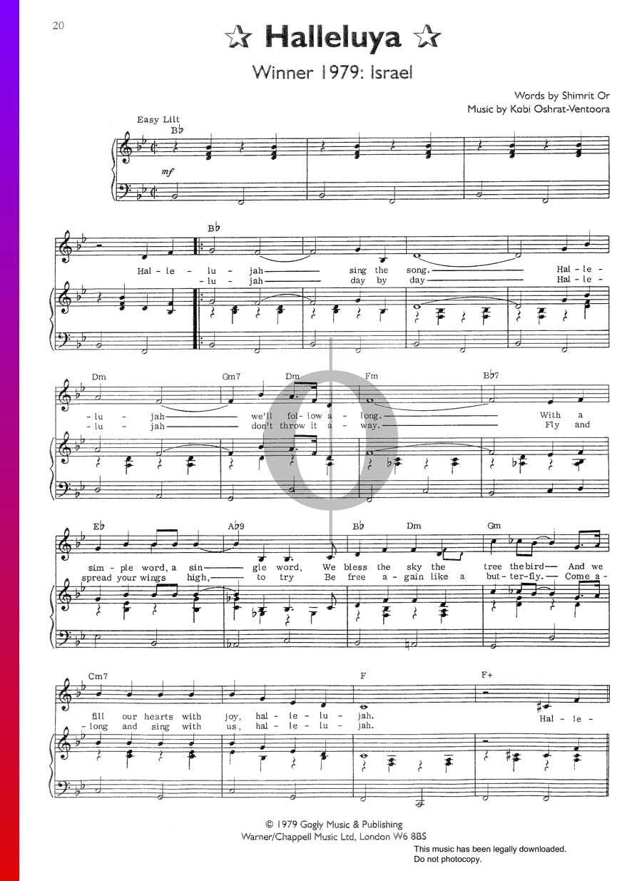 Halleluya Klaviernoten (Gali Atari, Milk and Honey) OKTAV