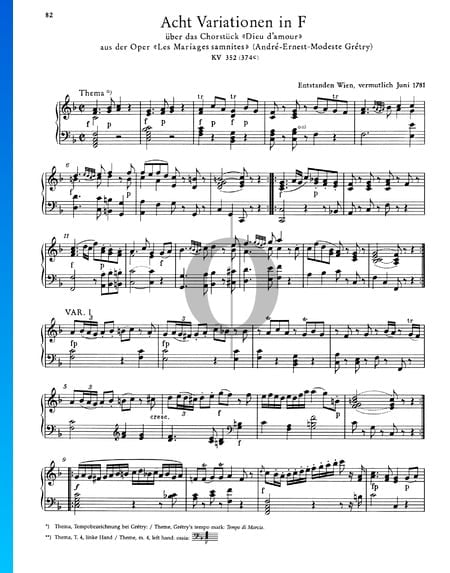 Acht Variationen in F-Dur, KV 352 (374c) Musik-Noten