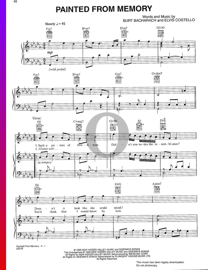 Painted From Memory (Burt Bacharach, Elvis Costello) Piano Sheet Music ...