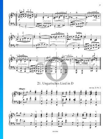 Partition Chanson Hongroise Ré Majeur, Op. 21 No. 2