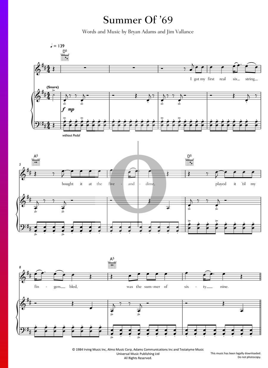 Summer Of '69 (Bryan Adams) Piano Sheet Music OKTAV