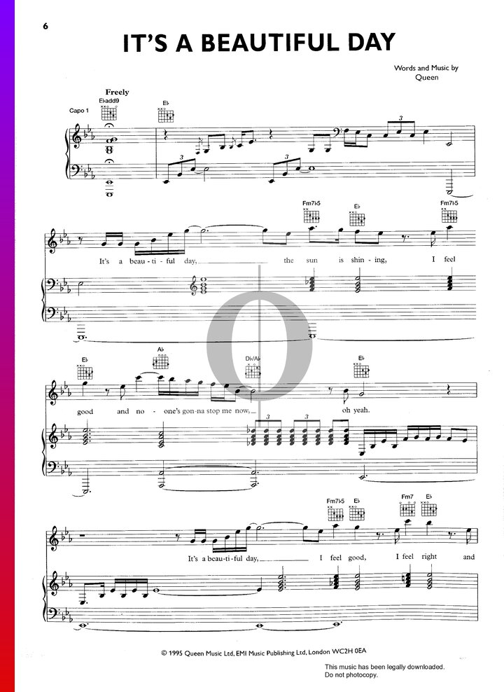 It's A Beautiful Day Noten (Klavier, Gesang, Gitarre) von Queen OKTAV