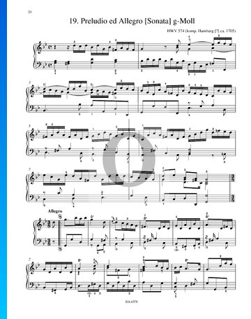 Partition Prélude et Allegro (Sonate ) Sol mineur, HWV 574