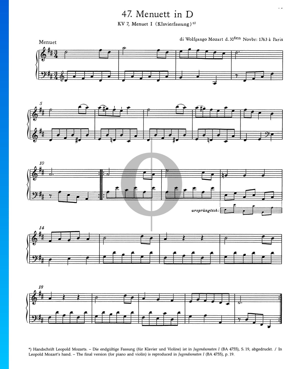 Menuet in D Major, KV 7 I (Wolfgang Amadeus Mozart) Piano Sheet Music