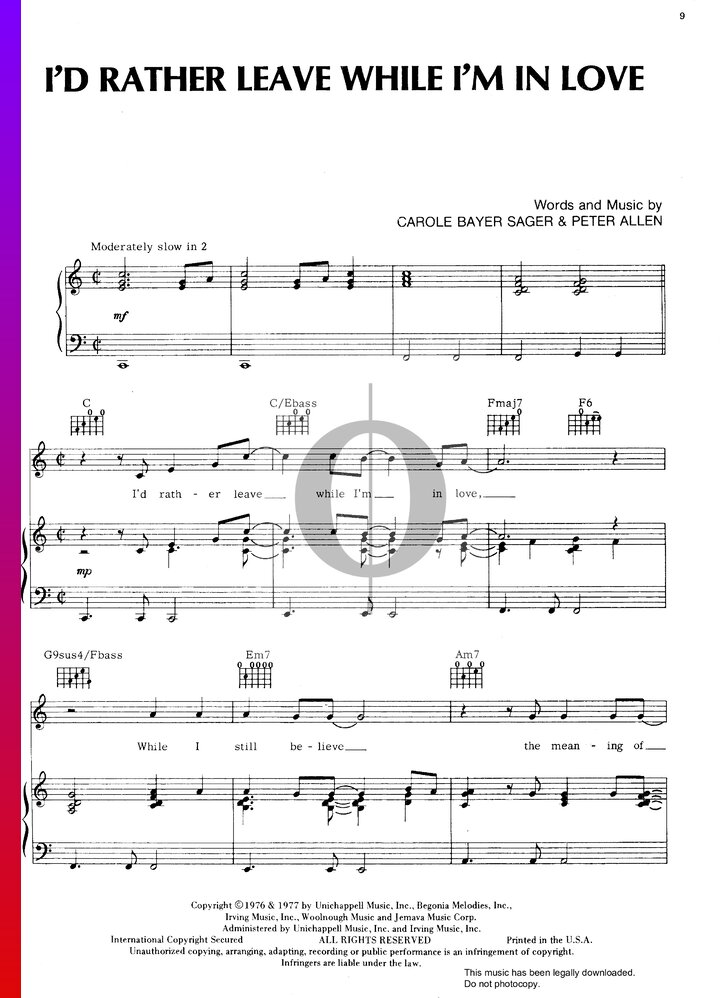 I'd Rather Leave While I'm In Love (Rita Coolidge) Piano Sheet Music ...