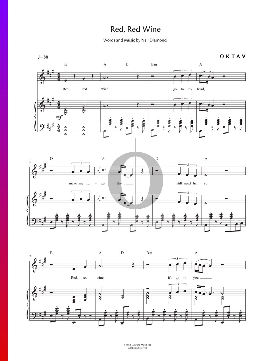 Red, Red Wine (Neil Diamond) Piano Sheet Music OKTAV