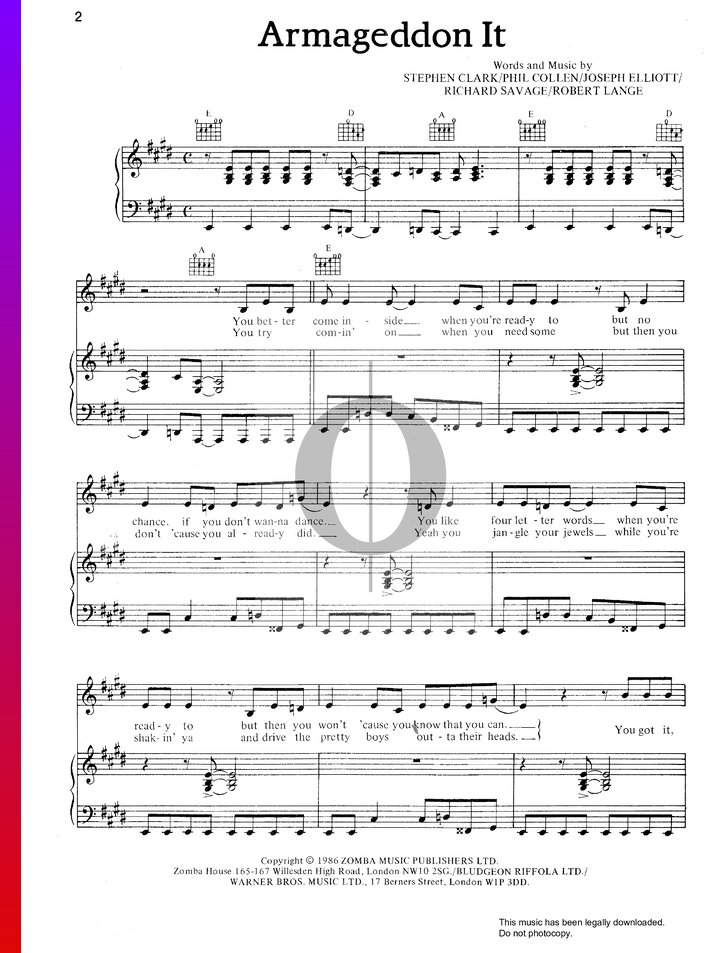Armageddon It (Def Leppard) Piano Sheet Music - OKTAV