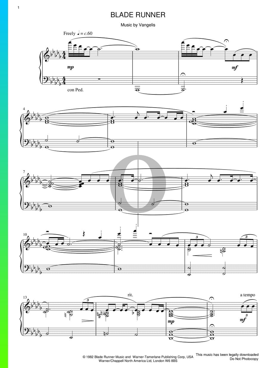 Blade Runner Piano Sheet Music from Blade Runner by Vangelis OKTAV