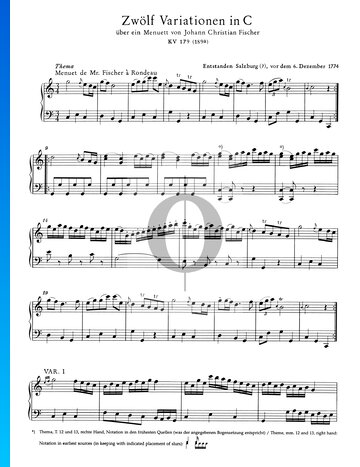 Partition 12 Variations en Do Majeur, KV 179 (189a)