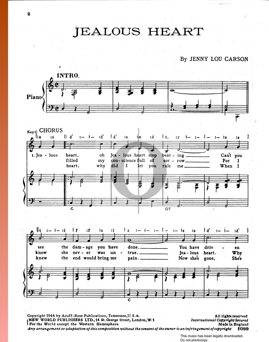 Jealous Heart Jenny Lou Carson Piano Sheet Music Oktav