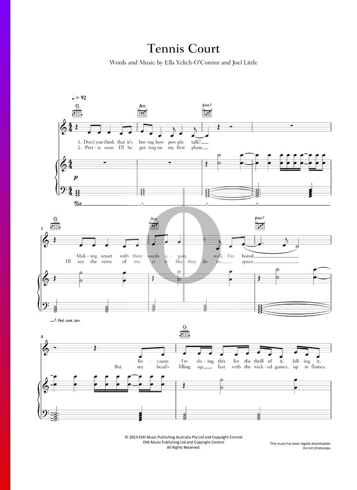 Tennis Court (Lorde) Piano Sheet Music OKTAV