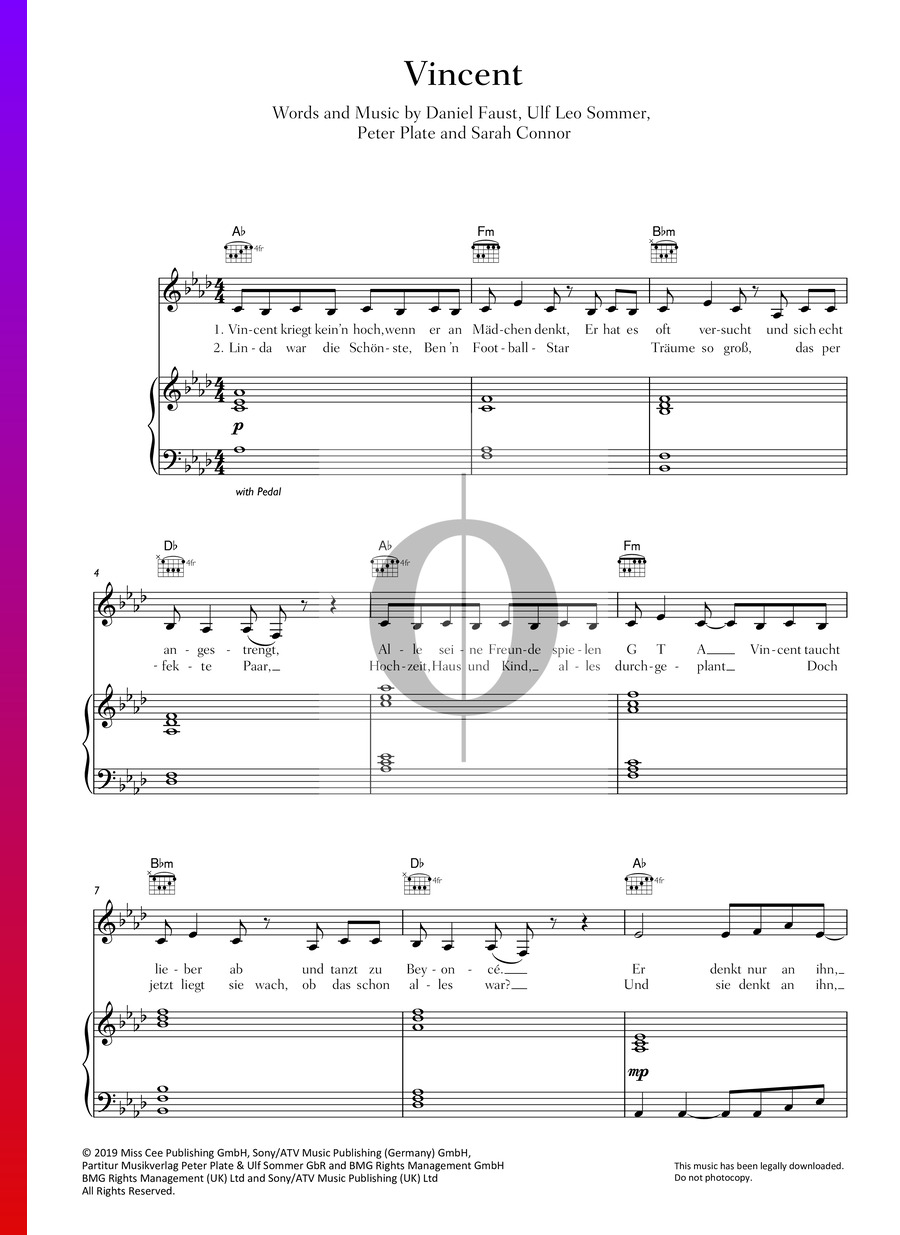 Vincent (Sarah Connor) Piano Sheet Music - OKTAV