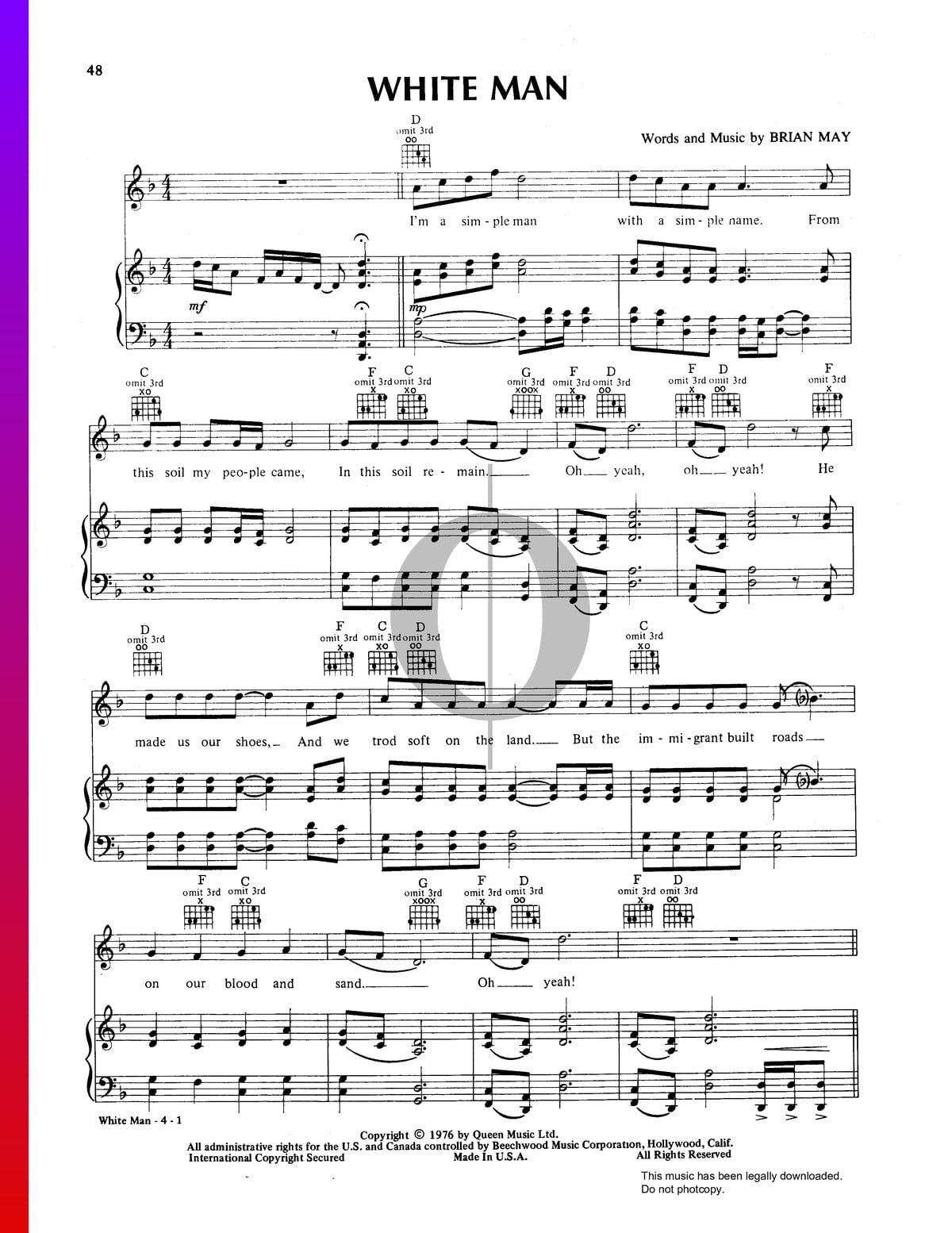 White Man Partitura (Piano, Voz, Guitarra) - Descarga de PDF y