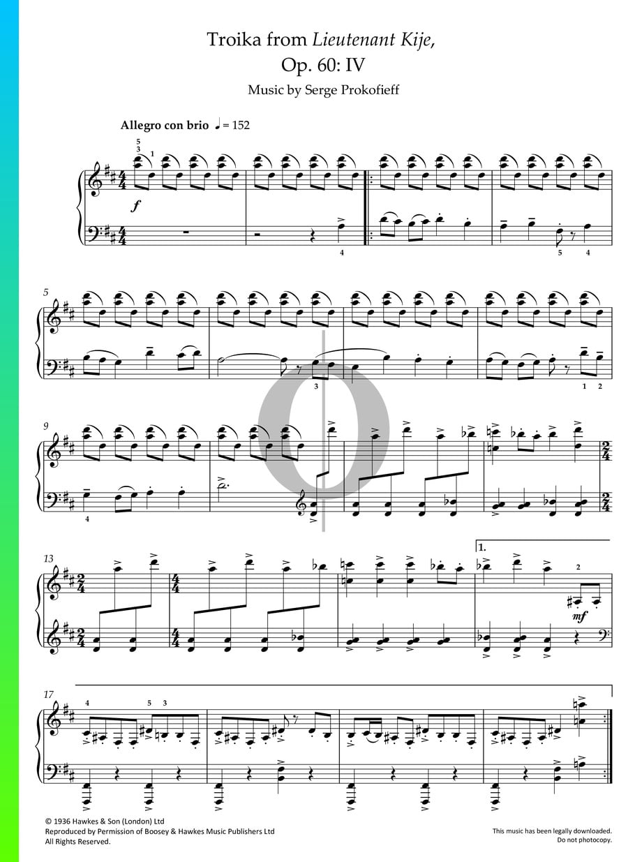 Troika from Lieutenant Kije, Op. 60: IV Piano Sheet Music from ...