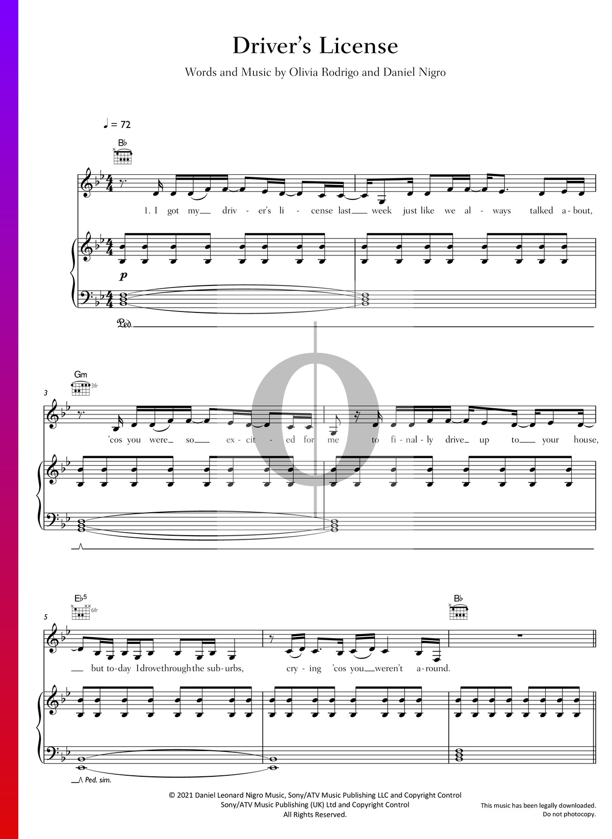 Drivers License Partitura » Olivia Rodrigo (Piano, Guitarra) | Descarga PDF