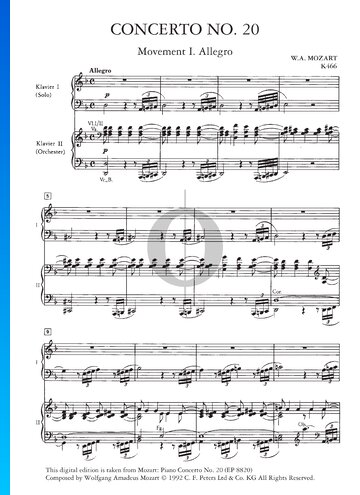 Piano Concerto No. 20 in D Minor, K. 466: 1. Allegro Sheet Music