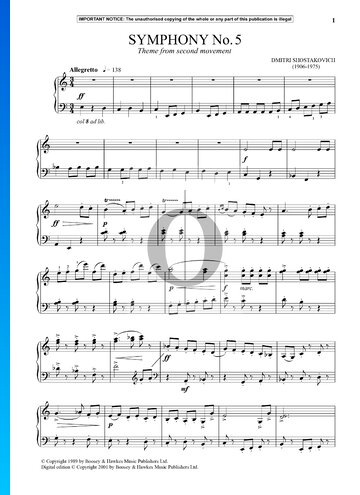 Partition Symphonie n° 5 en Ré mineur, op. 47 : n° 2 Allegretto (Thème)