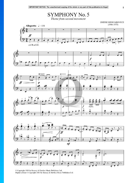 Symphony No. 5 in D Minor, Op. 47: No. 2 Allegretto (Theme) Partitura