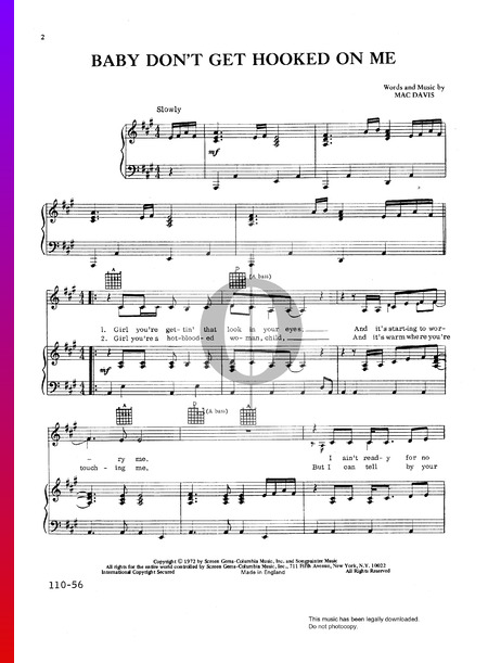 Baby Don't Get Hooked On Me Sheet Music