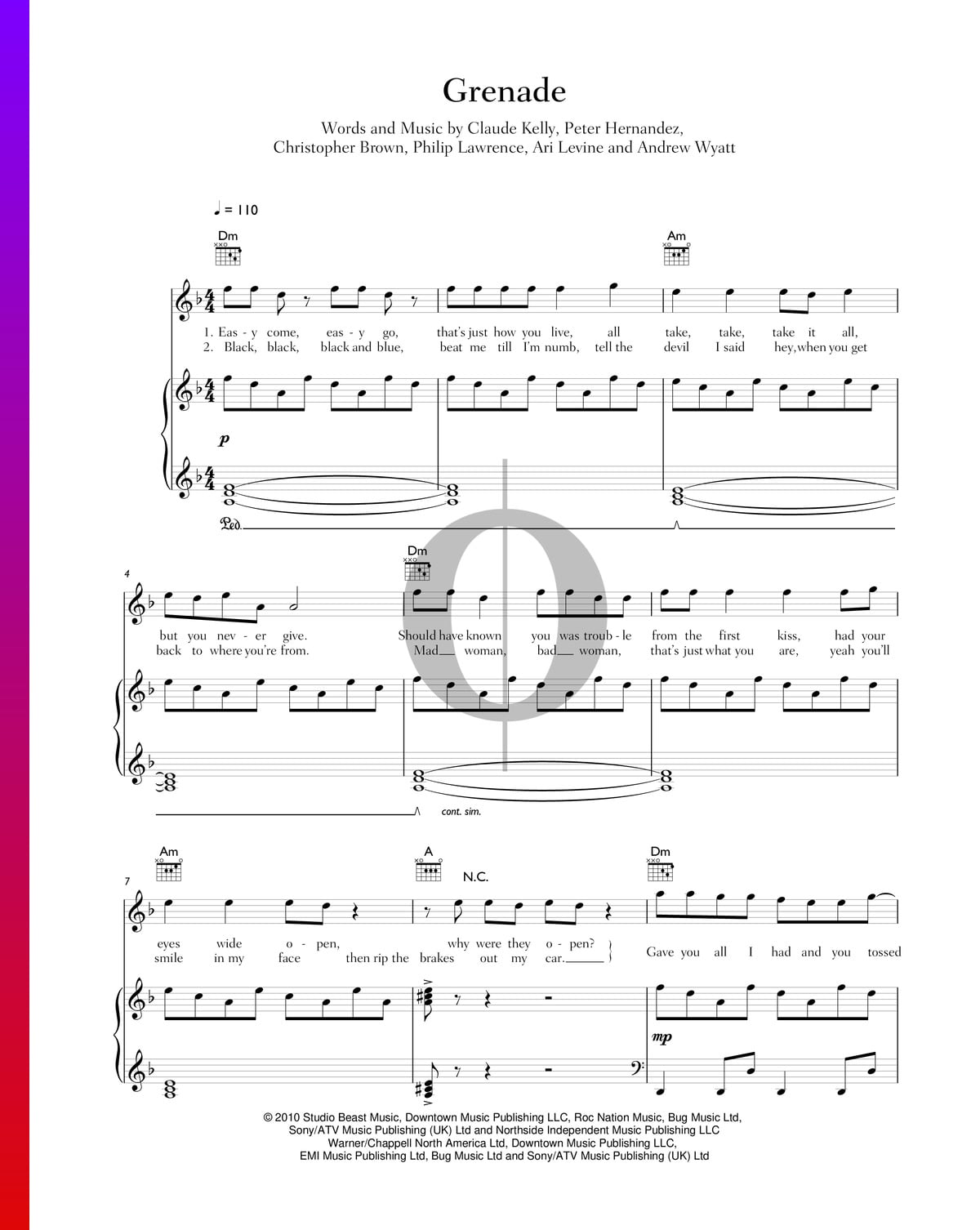 Grenade Sheet Music Piano Voice Guitar Pdf Download