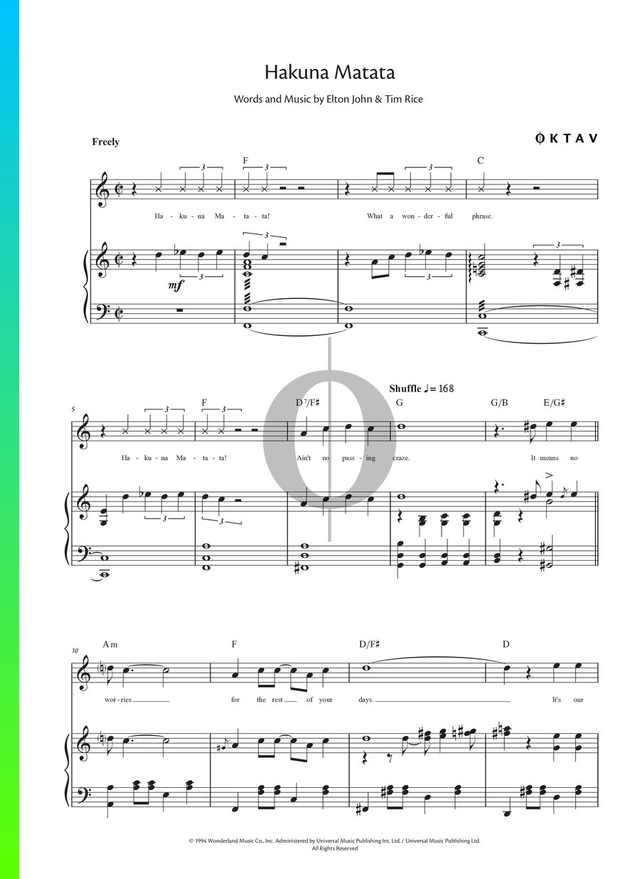 Elton John Hakuna Matata Text Deutsch Partition Hakuna Matata » extrait de Le Roi Lion - Tim Rice, Elton John
