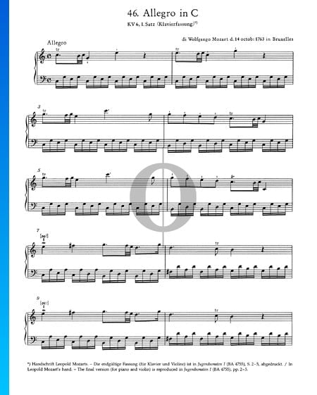 Allegro in C-Dur, KV 6: 1. Satz Musik-Noten